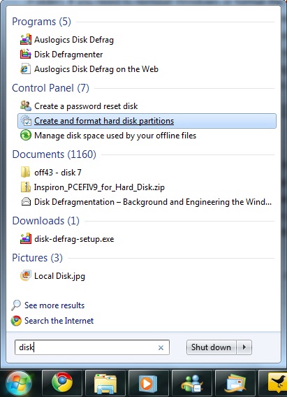 Disk Management in 7 Start Menu