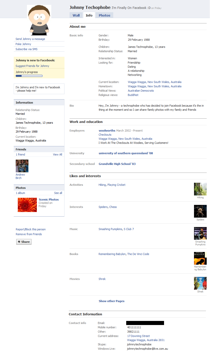 Johnny's Profile As It Appears To Friends