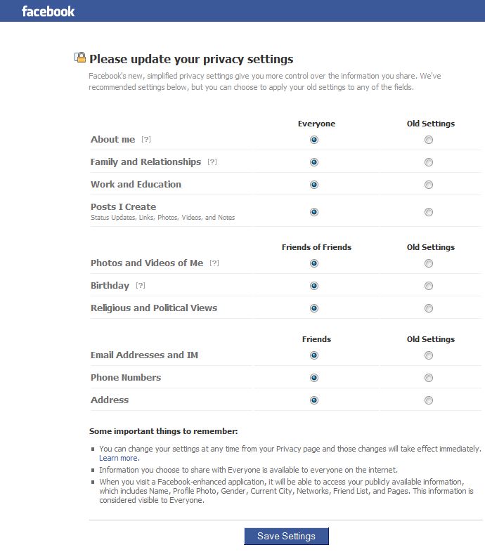 Facebook Privacy 2009 Default Settings