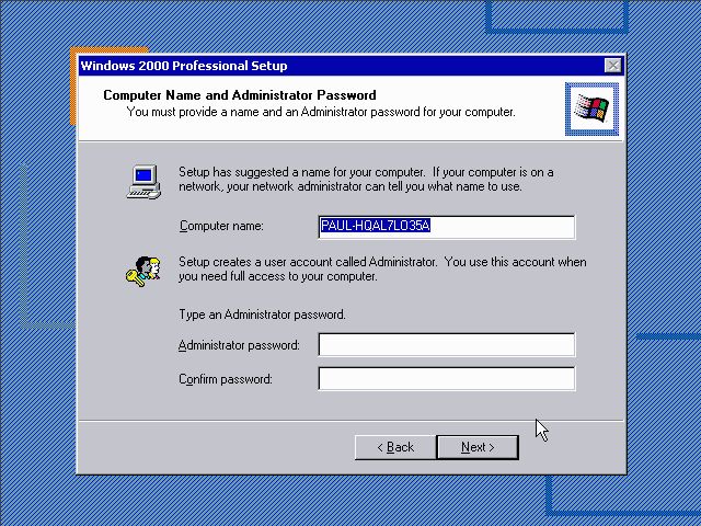 Windows 2000 Setup - Computer Name and Password