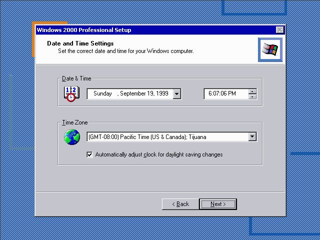 Windows 2000 Setup - Time Zone