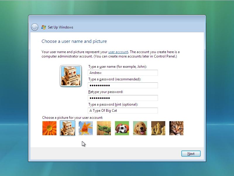 Windows Vista Setup - Name, Password and Picture