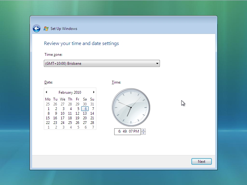 Windows Vista Setup - Time Zone
