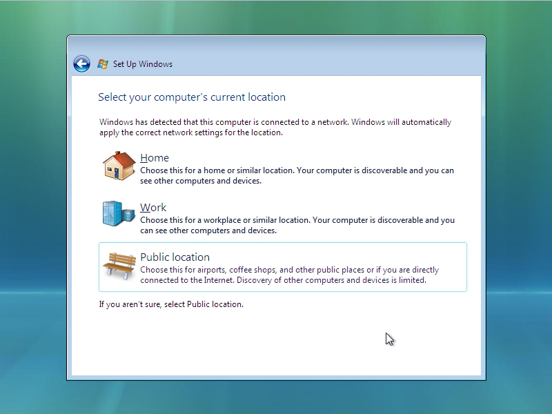 Windows Vista Setup - Network Location