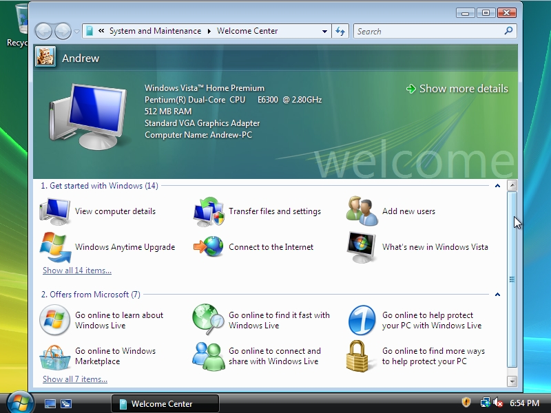 Windows Vista Setup - Welcome Center