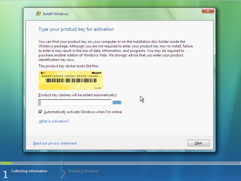 Windows Vista Setup - Product Key
