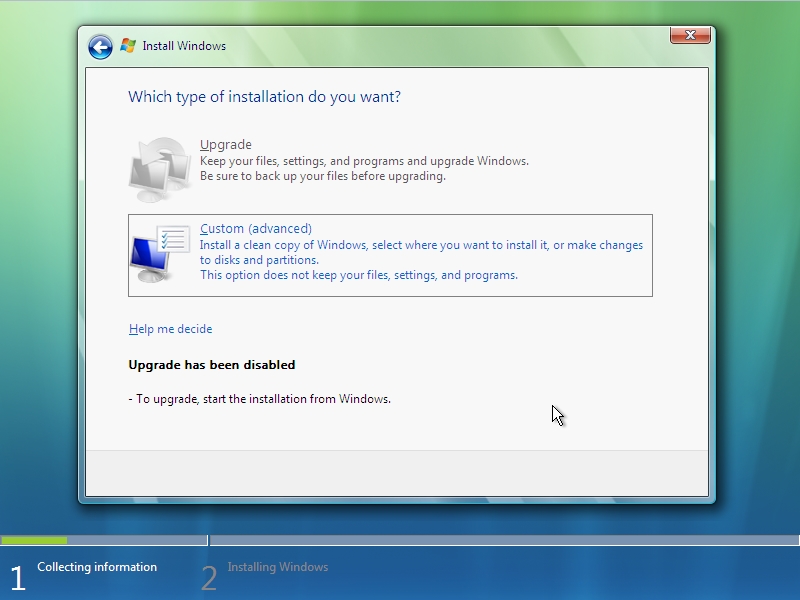 Windows Vista Setup - Upgrade or Custom