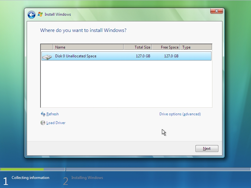 Windows Vista Setup - Partitioning