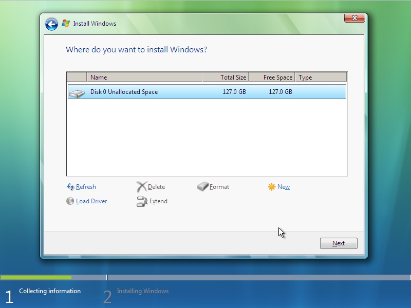 Windows Vista Setup - Partitioning