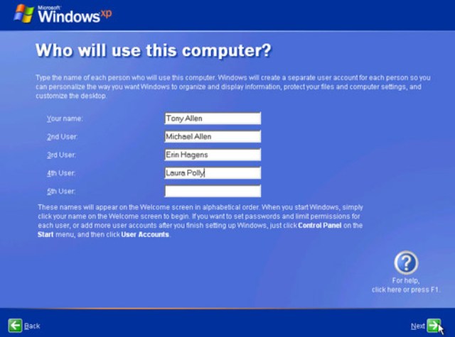 Windows XP Setup - Who Will Use This Computer?