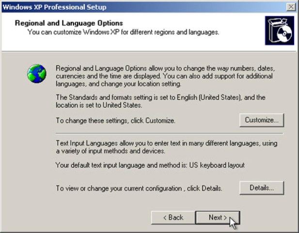 Windows XP Setup - Regional Settings