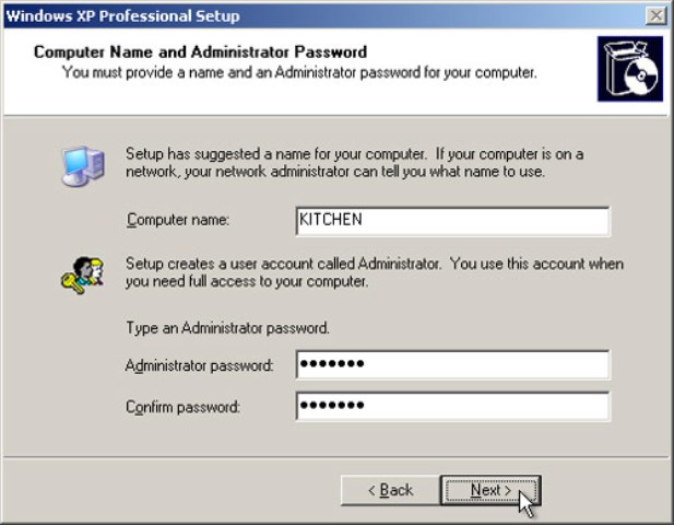 Windows XP Setup - Computer Name And Password