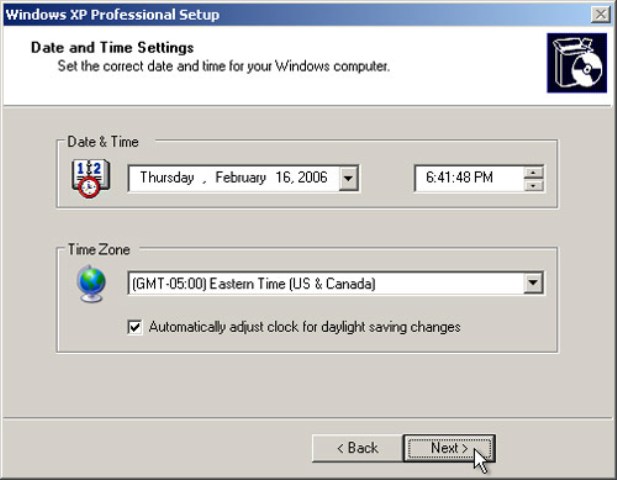Windows XP Setup - Time Zone