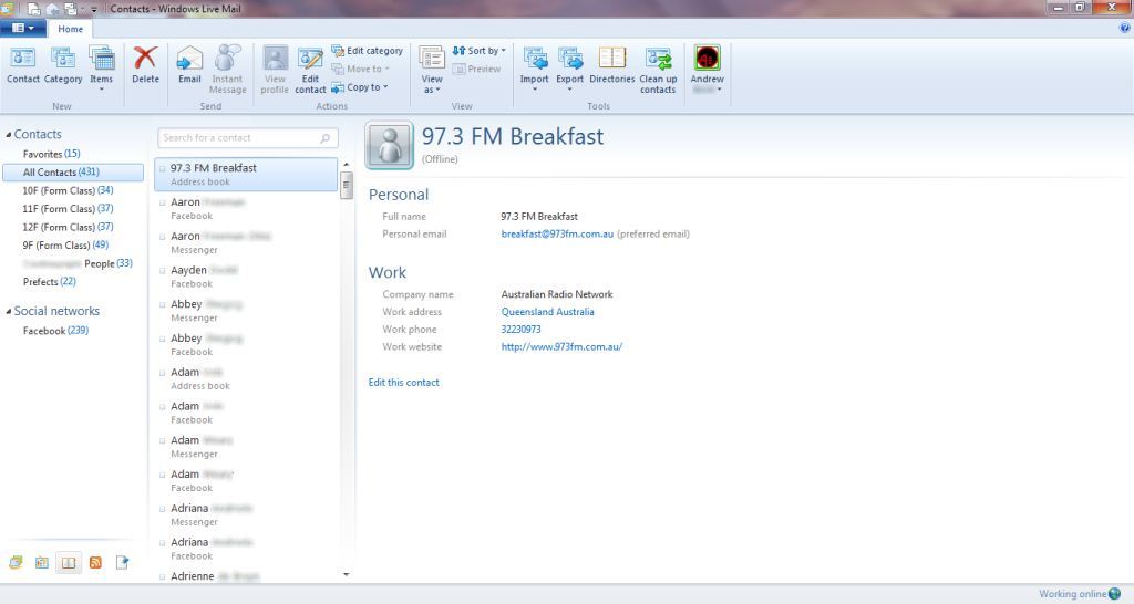 Windows Live Mail Contacts