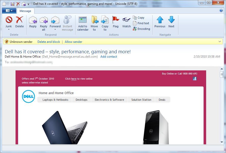 Windows Live Mail Message Window