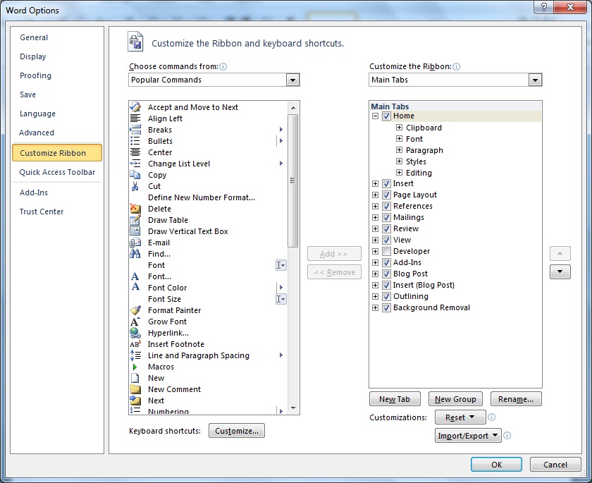 Ribbon Customisation Screen